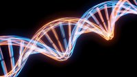 Glowing DNA helix with blue and orange neon light trails on dark background, suitable for science, genetics, and biotechnology presentations.