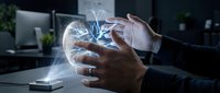 Young male professional with dark skin tone interacting with glowing holographic sphere displaying electrical energy patterns at modern office desk, representing innovation and technology.