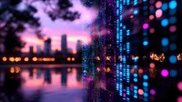 Futuristic city skyline reflected in water with digital LED wall display creating cyberpunk atmosphere in purple and blue colors at dusk. Modern urban technology concept.
