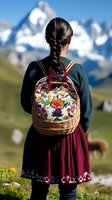Young woman in traditional dress with floral wicker backpack standing on mountain meadow, snow-capped peaks in background, braided dark hair, folk style outfit.