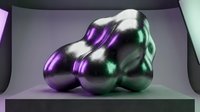 Glossy metallic spheres with neon purple and green light reflections on dark platform, modern digital art for tech and design projects.
