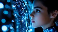 Young Asian woman profile against glowing blue fiber optic lights and bokeh background creating futuristic technological atmosphere. Suitable for AI and innovation concepts.