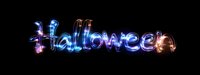 Glowing neon Halloween text effect on black background with colorful purple and blue light trails creating spooky festive lettering.