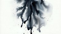 Abstract black ink blot spreading in water creating organic fluid shapes with splashes and droplets on white background for artistic design projects.