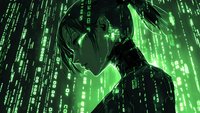 Anime character in cyberpunk style with digital matrix code rain effect in neon green, side profile view against dark background showing futuristic aesthetic.