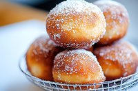Fresh homemade sugar-coated donuts stacked in glass bowl, close-up view showing soft texture and powdered coating, appetizing bakery treat for breakfast.