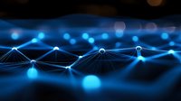 Abstract network visualization with glowing blue nodes connected by lines creating a futuristic technology landscape against dark background. Suitable for AI and digital transformation concepts.