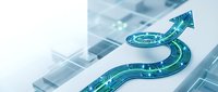 Male symbol shaped road with digital circuit pattern and upward arrow on abstract tech background, representing growth, success, and innovation in business and technology sectors.
