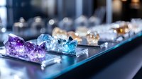 Raw amethyst and blue topaz crystal clusters on dark display shelf with soft bokeh background, showcasing luxury mineral specimens in jewelry store.