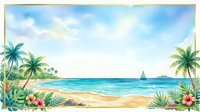 Tropical beach scene with palm trees, sandy shore, turquoise ocean water, sailboat on horizon, and colorful flowers. Watercolor style artwork suitable for travel, vacation, and resort design projects.