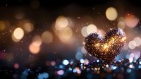 Magical glowing heart shape formed by golden sparkles and light particles floating against dark background with soft bokeh lights and dreamy atmosphere.