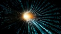 Digital data tunnel with bright light center showing binary code streams radiating outward in cyber space technology concept for network security.