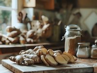 Fresh ginger root sliced on wooden cutting board with glass jars of ground spices in rustic kitchen setting, moody natural lighting creates cozy atmosphere.