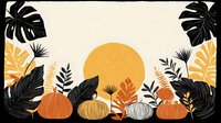 Autumn harvest scene with pumpkins and tropical leaves framing a golden sun against cream background. Seasonal decorative illustration.