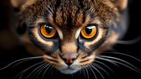 Close up portrait of Abyssinian cat face with intense amber eyes and distinctive tabby markings against dark background, showing detailed whiskers and facial features.