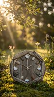 Rustic wooden clock with natural stones as hour markers sits on mossy ground in golden sunlight filtering through green foliage creating magical bokeh atmosphere.