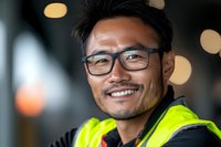 Confident Asian male worker wearing safety vest and glasses smiles warmly against blurred bokeh background, representing workplace safety and professionalism.