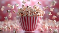 Fresh popcorn overflowing from red striped bowl with kernels flying through air against pink background for snack and entertainment concepts.