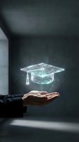Holographic graduation cap floating above open palm representing digital education, online learning, and academic achievement in modern technology environment.