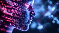 Digital profile silhouette with glowing pink binary code pattern overlay against blue bokeh background representing artificial intelligence and machine learning.