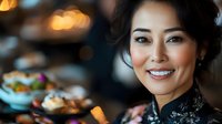 Smiling Asian female chef in traditional black uniform standing in professional kitchen with prepared dishes and warm lighting creating welcoming culinary atmosphere.