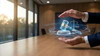 Professional businessman hands protecting holographic legal scales and gavel symbol representing justice, law firm services, legal protection and attorney consultation.