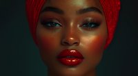 Close up portrait of African woman with red turban, glowing skin, dramatic makeup and glossy red lips against dark green background. Professional beauty shot.