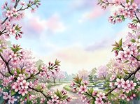 Watercolor cherry blossom frame with pink sakura flowers, green leaves, and a serene garden path under a pastel sky.