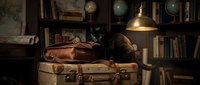 Vintage leather suitcase with old books and brass lamp in cozy study room with wooden shelves and antique globes creating nostalgic atmosphere for travel concepts.