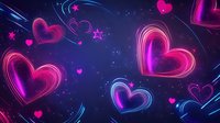 Vibrant neon hearts and stars on cosmic blue background, glowing with pink and purple light trails for romantic designs or Valentine's Day themes.