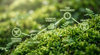Green moss background with white icons showing life balance concepts including time management, financial stability, health and personal growth well-being.