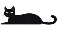 Sleek black cat with yellow eyes lying down on white background, isolated illustration for Halloween designs, greeting cards, and pet-themed projects.