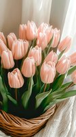 Fresh peach-colored tulips in wicker basket against white curtain background, soft natural lighting creates romantic spring atmosphere for floral design and decor.
