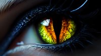 Close-up of feline eye with striking yellow and orange iris, vertical pupil, and dark fur. Suitable for wildlife, animal behavior, and nature design projects.