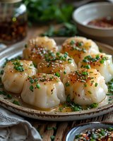 Steamed dumplings garnished with fresh chives and sesame seeds on rustic ceramic plate, drizzled with savory sauce. Asian cuisine served on wooden table.