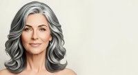 Mature woman with long gray wavy hair and bare shoulders against neutral beige background, representing aging, beauty, confidence, and wellness for lifestyle and healthcare marketing.