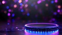 Futuristic neon platform stage with purple and blue LED lights against bokeh background for product display and presentation design.