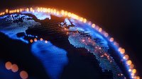 Digital world map made of glowing dots with orange light trail effect against dark background showing global connectivity and data flow across continents.