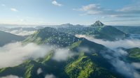 Aerial view of misty mountain peaks with glowing dots scattered across green slopes, low clouds drifting between ridges in morning light. Concept of connectivity.