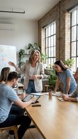 Diverse team collaborating at wooden table in modern loft office with exposed brick, large windows, plants, and whiteboard. Business meeting, teamwork, startup environment.