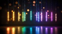 Colorful LED light bulbs hanging in row creating rainbow spectrum effect with reflections on surface below for modern interior design and decoration.