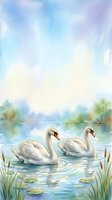 Pair of white swans swimming together on calm lake water surrounded by reeds, lily pads, and blurred trees in soft watercolor style for nature and wildlife designs.