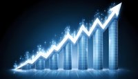 Glowing blue financial chart showing upward trend with bar graph and line graph combination against dark background, depicting business growth and success.