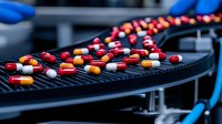 Colorful pharmaceutical capsules and pills on industrial conveyor belt in modern manufacturing facility with quality control equipment.