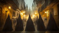 Traditional Easter procession with hooded penitents in black robes walking through historic Spanish street at dawn with warm golden lighting and atmospheric mist.