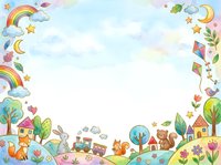Whimsical children's storybook scene with rainbows, kites, and colorful houses on rolling hills with trees and flowers, isolated on white background for nursery decor and kids' design projects.