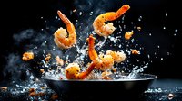 Dramatic cooking scene with fresh shrimp tossed in hot pan with water splashes and steam against dark background, dynamic food photography for restaurant menu.