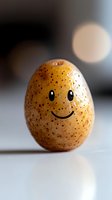 Fresh potato with drawn happy face on spotted skin against blurred background. Creative food art concept showing positive emotions and happiness.