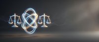 Glowing neon scales of justice symbol with infinity sign, representing legal balance, law, compliance, and ethical business practices for corporate branding.
