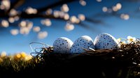 Speckled white eggs nestled in dark twigs nest against vibrant blue sky with soft bokeh spring blossoms, natural sunlight creating warm atmospheric scene.